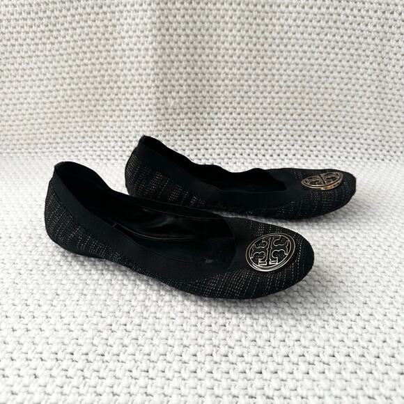 Tory Burch Black Gold Tweed Fabric Caroline Classic Reva Ballet Flats Shoes 6.5 - Picture 1 of 12